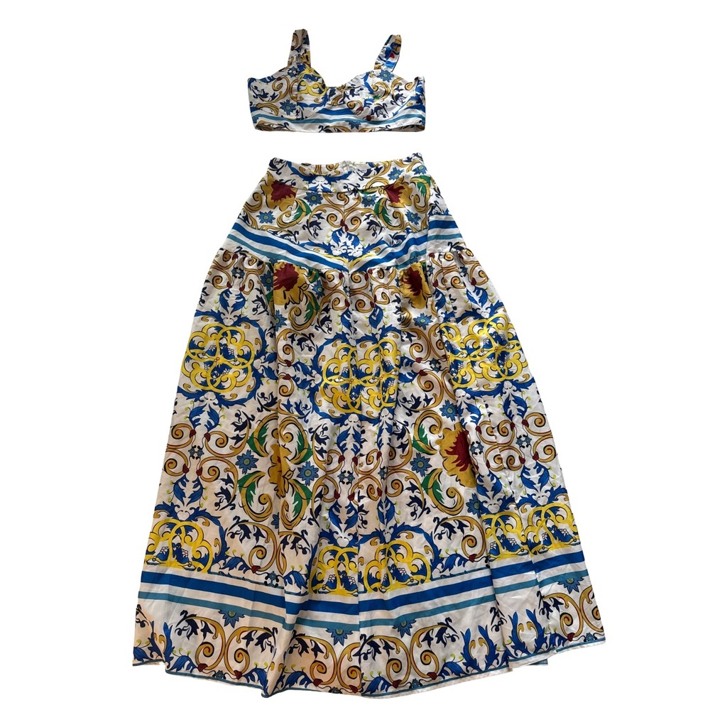 Mediterranean Tile Print Crop Top & Maxi Skirt Set Floral Coastal Boho Women's S